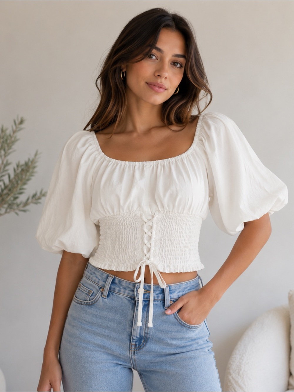 Pie in the Sky White Smocked Puff Sleeve Crop Top Size Medium